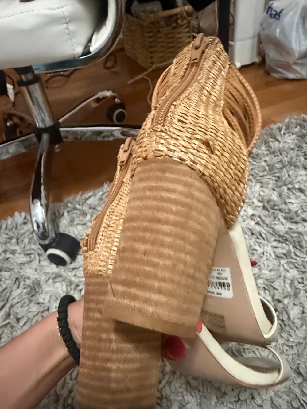 Woven Heel Ankle-Tie Wedge Sandals in Cream and Tan - Picture 9 of 11